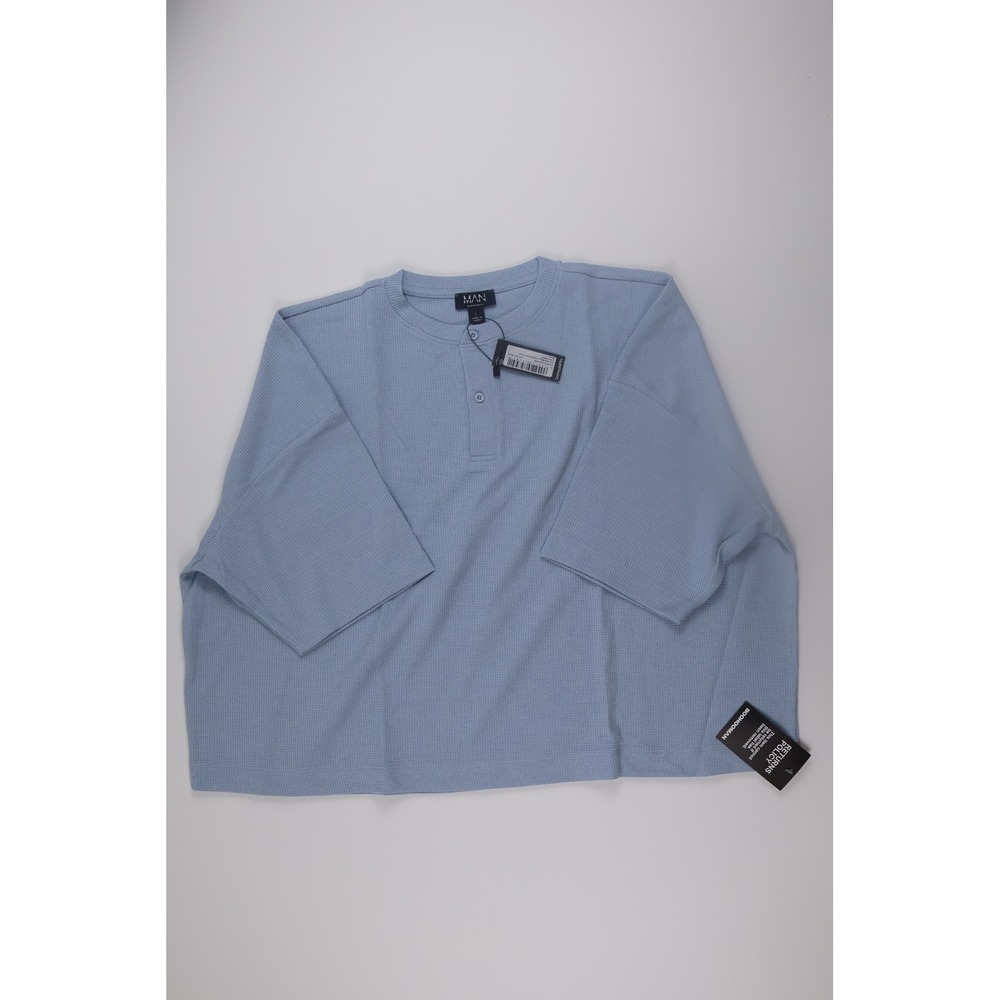 BoohooMAN Henley Shirt Oversized Boxy Cropped Large Blue Casual Streetwear